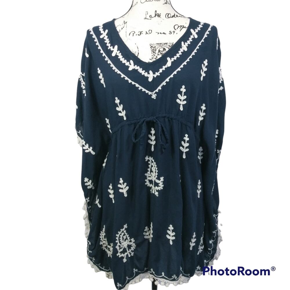 J Gee Navy Embroidered Tunic Cover Up with Pom Pom Trim Size M